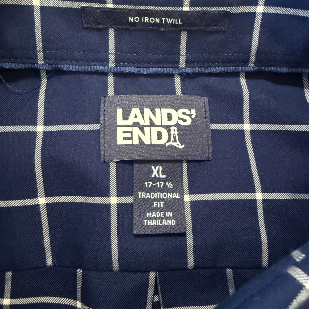 Lands‎ End Mens XL No Iron Twill Shirt Navy White Windowpane Traditional Fit - Picture 4 of 7
